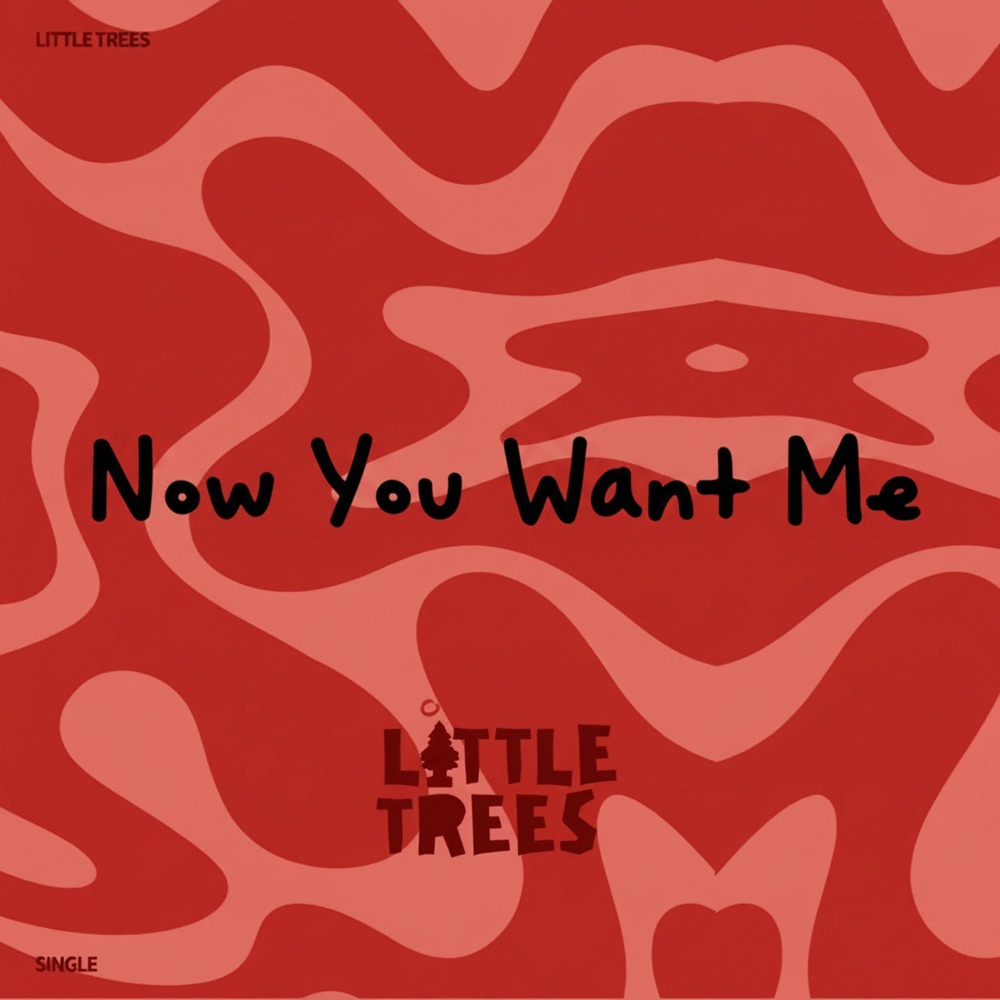 Single artwork for So Now You Want Me: the words Now You Want Me in black handwriting across a wavy pattern of red and salmon pink, with the Little Trees logo underneath.